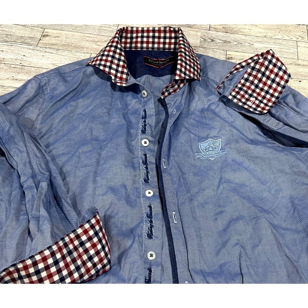 Oxford Hounds Luxury Blue Red Gingham Collar Cuffs Button‎ Up Shirt Men's MEDIUM